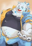 anthro belly belly_tuft blue_eyes bulge clothing fur jumpsuit male moobs offering_hand open_jumpsuit overweight overweight_male scouter solo superhero topknot tuft white_body white_fur kumatugu lifewonders live_a_hero yohack canid canine canis domestic_dog mammal nordic_sled_dog samoyed spitz