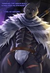 abs anthro black_nose bulge cape clothed clothing jockstrap male muscular muscular_anthro muscular_male navel scar solo text underwear kult2k elden_ring fromsoftware blaidd_(elden_ring) canid canine canis mammal wolf absurd_res english_text hi_res