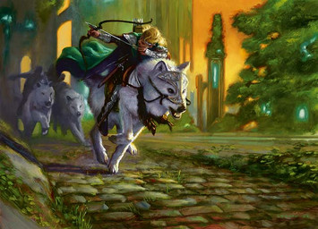 archer arrow_(weapon) bow_(weapon) cape charging clothing feral group holding_object holding_weapon landscape male quiver_(object) ranged_weapon riding running straddling weapon donato_giancola hasbro magic:_the_gathering wizards_of_the_coast voja canid canine canis human mammal wolf official_art painting_(artwork) traditional_media_(artwork)