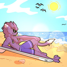 3_toes anthro beach chest_tuft clothing eyewear feet fur male purple_body purple_fur sand seashell seaside shell solo sun sunglasses swimming_trunks swimwear toes tuft water xing1 vince_(fizuth) felid feline mammal 1:1 absurd_res hi_res