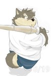 anthro bodily_fluids eyebrows fur grey_body grey_fur male rear_view scar slightly_chubby solo sweat thick_eyebrows wiping_sweat wooden_sword ginsingoo1 lifewonders tokyo_afterschool_summoners moritaka_(tas) canid canine canis domestic_dog mammal