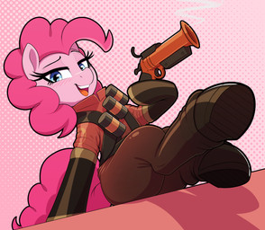 arm_support belt biped blue_eyes boots butt clothing cosplay crossover_cosplay dotted_background explosives eyelashes female feral flare_gun footwear gloves grenade grenade_belt half-closed_eyes handwear holding_flare_gun holding_object holding_ranged_weapon holding_weapon hooves latex latex_clothing latex_gloves latex_handwear latex_skinsuit looking_at_viewer mane narrowed_eyes open_mouth open_smile pattern_background pink_background pink_body pink_mane ranged_weapon semi-anthro shoes simple_background sitting skinsuit smile smoke solo tail teeth tight_clothing unguligrade weapon thebatfang friendship_is_magic hasbro my_little_pony team_fortress_2 valve pinkie_pie_(mlp) pyro_(team_fortress_2) earth_pony equid equine horse mammal pony 2024 absurd_res crossover digital_media_(artwork) full-length_portrait hi_res portrait