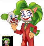 anthro clothing clown female green_hair hair looking_aside makeup mask smile solo suit nitroneato activision batman_(series) crash_bandicoot_(series) dc_comics joker_(2019_film) coco_bandicoot the_joker bandicoot mammal marsupial hi_res