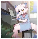 anthro blue_body blue_fur blush breasts clothed clothing dipstick_ears dipstick_tail dress ear_markings female female_anthro fingerless_(marking) fur furniture hair heterochromia inside kemono keyboard_instrument looking_at_viewer markings multicolored_ears musical_instrument piano short_hair sitting solo stool tail tail_markings white_body white_fur white_hair crayon_(artist) canid canine mammal 2024 digital_media_(artwork) hi_res