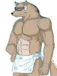 anthro brown_body brown_fur eyewear fur male muscular muscular_male simple_background solo sunglasses towel towel_around_waist towel_only white_background gunjoucobalt corrector_yui war_wolf canid canine canis mammal wolf 3:4 sketch unfinished