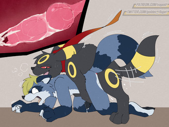 all_fours anal anal_knotting anal_penetration animal_genitalia animal_penis anthro anthro_on_feral anthro_penetrated bestiality black_body bodily_fluids butt canine_genitalia canine_penis clothing cum cum_inside doggystyle duo erection feral feral_penetrating feral_penetrating_anthro from_behind_position fur genital_fluids genitals hair internal interspecies knot knot_root knotted_penis knotting larger_penetrated male male/male male_feral male_on_feral male_penetrated male_penetrating male_penetrating_male open_mouth penetration penile penile_penetration penis pokephilia quadruped scarf sex simple_background size_difference smile surprised sweat tail tongue vogold nintendo pokemon canid canine canis eeveelution generation_2_pokemon mammal pokemon_(species) procyonid raccoon umbreon 4:3 digital_media_(artwork)