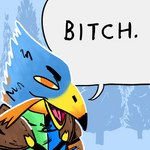 anthro beak blue_body blue_feathers clothed clothing feathers humor male plant profanity shoulder_guards snow solo speech_bubble text tree yellow_beak yellow_eyes warioanon root_(game) eyrie_dynasties_(root) avian bird blue_jay corvid jay_(bird) new_world_jay oscine passerine 1:1 english_text meme