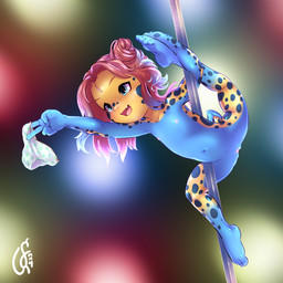 anthro blue_body blue_eyes breasts clitoris clothing countershade_body dancing fangs feet female female_anthro flat_chested flexible genitals gesture hair hair_bun hand_gesture holding_clothing holding_object lights markings multicolored_body navel nipples non-mammal_breasts non-mammal_hair non-mammal_nipples non-mammal_vulva nude nude_anthro nude_female open_mouth open_smile pole pole_dancing red_hair simple_background smile soles solo spots spotted_body stripper_pole tail teeth two_tone_body v_sign vulva wavy_hair young young_anthro young_female feelferal addison_lopez amphibian frog poison_dart_frog 1:1 2024 absurd_res dated digital_drawing_(artwork) digital_media_(artwork) full-length_portrait hi_res portrait shaded signature