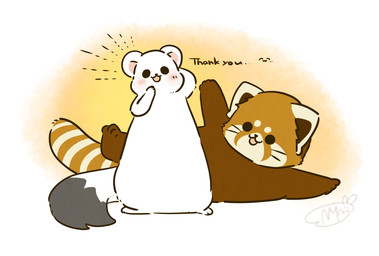 ambiguous_gender biped blush brown_body brown_fur chibi dot_eyes duo feral fur simple_eyes text white_body white_fur shi_nominmin ailurid mammal mustelid musteline red_panda stoat true_musteline weasel 2020 hi_res
