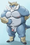 2021 2:3 absurd_res anthro anthrofied balls belly blue_body dudebulge facial_hair generation_5_pokemon genitals hi_res humanoid_genitalia humanoid_hands humanoid_penis male mature_male moobs mustache navel nintendo nipples overweight overweight_male penis pokemon pokemon_(species) pubes samurott simple_background solo yousuke_seto