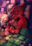 anthro bed bedding blanket cuddling duo eyes_closed female fur furniture light male on_bed sleeping under_covers girlwithdrill disney zootopia judy_hopps nick_wilde canid canine fox lagomorph leporid mammal rabbit red_fox true_fox 2020 hi_res lighting