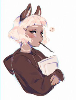 anthro choker clothing female holding_object holding_paper hoodie jewelry necklace object_in_mouth paper question_mark solo topwear frenky_hw bea_(frenky_hw) deer mammal hi_res female_(lore)