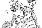 anthro blush braided_hair braided_ponytail clothing hair hat headgear headwear male nervous ponytail solo suspenders young zimsanada2 lifewonders tokyo_afterschool_summoners zhurong_(tas) ailurid mammal red_panda 3:2 monochrome sketch