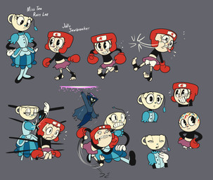 4_toes armor black_arms blue_clothing blue_dress bottomwear boxing_gloves clothing container cup dress feet fighting_ring footwear for_a_head handwear headgear helmet jawbreaker kickboxing legwear pantyhose skirt socks stirrup_legwear stirrup_socks tea_bag tea_cup toes yellow_body netto-painter jolly_jawbreaker miss_tea_(netto-painter) humanoid object_head hi_res model_sheet