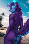 anthro beach blue_body blue_eyes blue_sky butt cloud cloudy_sky femboy fluffy fluffy_tail glowing glowing_eyes looking_back male neck_tuft nude palm_tree plant purple_body sea sky smile solo tail tree tuft water wolfrayay cody_(wolfrayay) canid canine canis mammal wolf 2:3 absurd_res hi_res