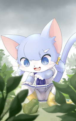 anthro blue_body blue_eyes blue_fur blue_hair bottomless clothed clothing crouching detailed_background exposed female fur genitals gesture hair hand_gesture kemono no_underwear pointing solo spread_legs spreading upskirt vulva young young_anthro young_female canopus335 cat_busters amphibian domestic_cat felid feline felis frog mammal