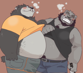 anthro beard belly belt big_belly blush bottle bottomwear cigarette clothed clothing clothing_lift container drunk duo eyewear facial_hair glasses male mustache overweight overweight_male shirt shirt_lift shorts smile smoke smoking substance_intoxication teeth topwear garouzuki love_mechanic tom_kumatora bear mammal