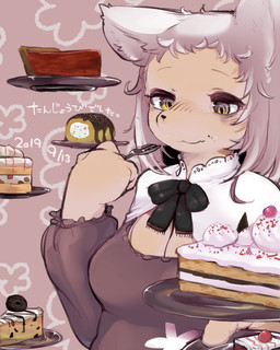 anthro birthday black_bow_tie bow_(feature) bow_tie breasts cake cleavage clothed clothing cutlery dessert female fingers food fork fully_clothed grey_hair hair holding_fork kemono kitchen_utensils medium_breasts plate snout solo text tools white_clothing tenyati domestic_cat felid feline felis mammal 2019 dated hi_res japanese_text