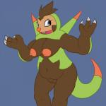 1:1 3_fingers anthro anthrofied areola armor belly big_breasts biped breasts brown_body brown_hair brown_skin buckteeth claws clothed clothing eyelashes female fingers generation_6_pokemon genitals grey_eyes hair hi_res looking_back mammal navel nintendo nipples nude open_mouth pokemon pokemon_(species) posexe pussy quilladin simple_background slightly_chubby smile solo spikes standing teeth tongue