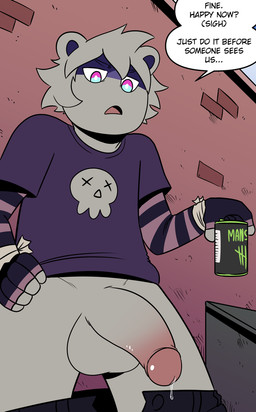 alley alley_sex annoyed anthro balls beverage beverage_can big_balls big_penis bodily_fluids bottomwear bottomwear_down brick brick_wall clothed clothing dripping dumpster energy_drink first_person_view fully_clothed genital_fluids genitals humanoid_genitalia humanoid_penis looking_at_viewer male outside_sex pants pants_down partially_clothed penis precum precum_drip sex solo text wall_(structure) t0l0k zain_the_raccoon_(aarlog) mammal procyonid raccoon english_text
