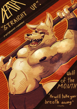 anthro armpit_hair armpit_musk black_nipples bodily_fluids body_hair bottomwear clothed clothing holding_object holding_stick male mostly_nude muscular musk nipples pants pants_only pecs smile smiling_at_viewer solo stick sweat text topless kadedrawz dreamworks puss_in_boots_(franchise) death_(puss_in_boots) canid canine canis mammal wolf absurd_res cover english_text hi_res magazine_cover