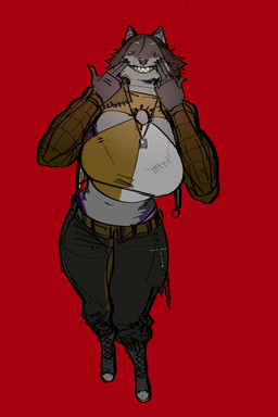 anthro big_breasts boots bottomwear bra breasts brown_eyes brown_hair clothing cross curvy_figure denim denim_bottomwear denim_clothing female footwear fur grey_body grey_fur hair jacket jeans jewelry lace lace_bra lace_panties lingerie midriff multicolored_body multicolored_fur navel necklace pants sharp_teeth shoes short_hair smile solo standing teeth thong_straps topwear two_tone_body two_tone_fur underwear brothersmiler accelerated_racing_association valeria_ren_(ara) canid canine canis mammal wolf hi_res