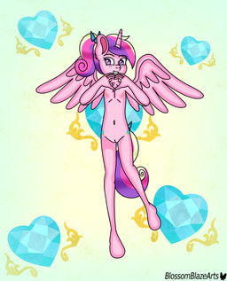 accessory anthro female flat_chested freckled_face freckles genitals hair hair_accessory horn humanoidized long_hair long_tail looking_at_viewer nipples nude nude_female raised_arms smile smiling_at_viewer solo spread_legs spread_wings spreading tail vulva wings young young_anthro blossomblaze friendship_is_magic hasbro my_little_pony princess_cadance_(mlp) equid equine horse humanoid mammal pony absurd_res hi_res