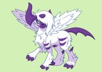 ambiguous_gender big_claws black_nose claws digitigrade feathered_wings feathers feral frown fur green_background green_eyes horn looking_at_viewer purple_body purple_claws purple_horn simple_background solo standing white_body white_feathers white_fur wings onigiriad nintendo pokemon generation_6_pokemon mega_absol mega_evolution pokemon_(species) 2024 cel_shading clip_studio_paint_(artwork) digital_drawing_(artwork) digital_media_(artwork) full-length_portrait hi_res portrait shaded