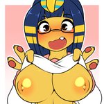 anthro areola big_breasts blue_hair blush blushing_profusely breasts clothed clothing clothing_lift egyptian egyptian_clothing egyptian_headdress eyewear female glasses gradient_background hair looking_at_viewer nipples open_mouth simple_background solo uraeus kloudmutt animal_crossing nintendo ankha_(animal_crossing) domestic_cat felid feline felis mammal 1:1 2021 digital_media_(artwork) hi_res