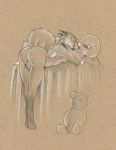 anthro bent_over bodily_fluids butt eyes_closed feathered_wings feathers female fingering fingering_self genital_fluids genitals masturbation nude plushie pussy solo tail tattoo vaginal vaginal_fluids vaginal_masturbation wings cadmiumtea lillith bear canid canine fox mammal monochrome traditional_media_(artwork)