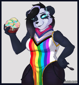 alternative_fashion anthro biped bisexual_pride_colors breasts chain clothing cross cutlery death_knight dessert ear_piercing eating eating_food female female_anthro food front_view glowing glowing_eyes goth ice_cream inverted_cross kitchen_utensils lgbt_pride looking_at_viewer one_eye_closed piercing pride_color_clothing pride_colors progress_pride_colors scarf slightly_chubby smile solo spoon standing thick_thighs tools undercut wink winking_at_viewer pandazar blizzard_entertainment lgbt_pride_month warcraft bear giant_panda mammal pandaren undead