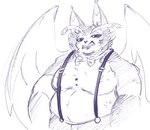 anthro belly bow_tie clenched_teeth clothed clothing ears_up fur male muscular overweight overweight_anthro overweight_male partially_clothed simple_background solo suspenders teeth topless wings scarythesustire hazbin_hotel husk_(hazbin_hotel) demon domestic_cat felid felid_demon feline felis mammal digital_media_(artwork) sketch