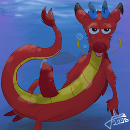 anus bodily_fluids body_hair bubble feral genital_fluids genitals horn looking_at_viewer male penis precum red_body slit_penis solo swimming underwater water bagohot disney mulan_(1998) mythology mushu_(disney) aquatic dragon eastern_dragon fish mythological_creature mythological_scalie scalie 1:1 absurd_res hi_res