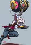 action_pose bottomwear breasts cleavage clothed clothing corset female gesture hair hand_gesture lingerie looking_at_viewer not_furry on_one_leg pants pointing ponytail pose running shirt simple_background solo standing topwear white_hair furball league_of_legends riot_games tencent wyla_(furball) yordle 2017