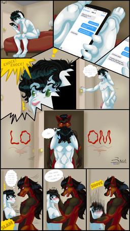 anthro athletic bed black_body black_border black_fur black_hair black_markings blush blushing_profusely bodily_fluids border brown_body brown_eyes brown_fur brown_markings butt comic_panel curly_hair dominant dominant_male door duo electronics exclamation_point flaccid forced frown fur furniture genitals green_eyes grin hair hand_on_head humanoid_genitalia humanoid_penis insult interspecies male male/male markings nervous nervous_smile nipples nude on_bed opening_door paws penis phone phone_screen pinned pinned_to_wall profanity rear_view red_body red_fur red_markings shoved side_view sitting sitting_on_bed smile speech_bubble submissive submissive_male sweat text texting thought_bubble white_body white_fur conditional_dnp zer0rebel4 discord_(app) telegram izzie_(izzie_bnnuy) kitti_(izzie_bnnuy) arctic_hare canid canine hare lagomorph leporid mammal maned_wolf absurd_res comic english_text hi_res shaded soft_shading
