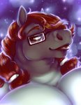 accessory anthro breasts brown_eyes brown_hair cleavage clothed clothing double_chin eyebrows eyelashes eyewear female glasses hair hair_accessory lidded_eyes lips obese obese_anthro overweight overweight_anthro purple_background simple_background solo sparkles thick_bottom_lip danji-isthmus alundra equid equine horse mammal 2020 bust_portrait digital_media_(artwork) digital_painting_(artwork) hi_res portrait