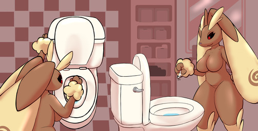 3_fingers anthro black_body black_fur breasts brown_body brown_fur duo female female_anthro fingers floor flush_vore fur holding_another imminent_vore looking_at_another macro male male/female micro mirror multicolored_body multicolored_fur nude nude_anthro red_eyes shelf standing tile tile_floor toilet water white_body white_fur blackcat117 nintendo pokemon tulip_(kitokito) domestic_cat felid feline felis generation_4_pokemon lopunny mammal pokemon_(species) hi_res