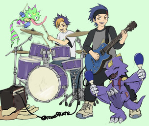 accessory amplifier anthro band bass_drum cymbals drum drum_set drumming drumming_stick electric_guitar eyewear glasses green_body green_scales group guitar headband hi-hat long_tongue male maraca musical_instrument percussion_instrument percussion_mallet plucked_string_instrument purple_body purple_scales scales shortstack shortstack_male snare_drum string_instrument tom_drum tongue wings mas_square bandai_namco digimon digimon_beatbreak raito_souda tomoro_tenma digimon_(species) gekkomon human mammal monodramon scalie hi_res