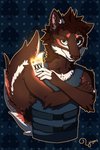 abstract_background anthro brown_body brown_fur brown_nose bulletproof_vest card fire fur looking_at_viewer male orange_body orange_fur playing_card smug solo white_body white_fur yogert payday_(series) payday_2 axel_lockwood canid canine canis mammal wolf 2:3 hi_res