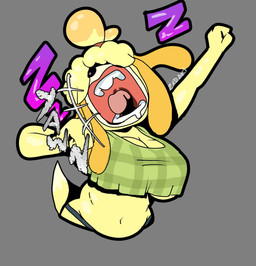 anthro belly big_breasts black_nose blonde_hair bodily_fluids breasts buckteeth cleavage clothed clothing drooling female fist grey_background hair hair_bun hair_over_eyes mouth_shot navel onomatopoeia open_mouth pajamas panties saliva simple_background solo sound_effects stretching tail teeth text tired tongue under_boob underwear uvula waking_up yawn yellow_body 2xdxart animal_crossing nintendo isabelle_(animal_crossing) canid canine canis domestic_dog mammal shih_tzu toy_dog 2024 digital_media_(artwork) half-length_portrait hi_res portrait signature