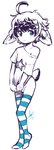 anthro balls blue_eyes blush clothed clothing covering covering_self genitals long_socks looking_aside male partially_clothed shy slim solo striped_sock young aogami aogami_(character) lagomorph leporid mammal rabbit hi_res signature