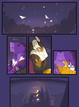 5_panel_comic anthro black_sclera broken_horn campfire chin_grab clothing duo fire fur horn kissing male male/male night passionate_kiss purple_body purple_eyes purple_fur question_mark scales sky smile star starry_sky tail wings narphion xrosemarcyx mythology godrelion_(character) narphion_(sergal) dragon mythological_creature mythological_scalie scalie sergal absurd_res comic hi_res