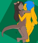 accessory anthro anthro_on_anthro backsack balls black_nose blue_hair blue_markings brown_body brown_fur brown_hair butt duo eyes_closed female footprint fur genitals green_background hair hair_accessory hand_on_head kiss_on_lips kissing loli male male/female markings nude one_leg_up orange_body orange_fur passionate pawprint pawprint_(marking) pink_nose raised_leg simple_background young young_anthro young_on_young aogami ceylon_(stitchy626) jeffybunny lagomorph leporid mammal mustelid otter rabbit 2015 colored hi_res signature