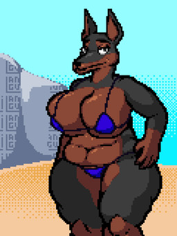 anthro big_breasts big_butt bikini bikini_aside bikini_bottom bikini_removed bikini_top bikini_top_removed breasts butt butt_jiggle clothing clothing_aside female genitals huge_breasts jiggle_physics jiggling navel nipples nude overweight pixelated smile solo swimwear swimwear_aside thick_thighs thigh_jiggle two-piece_swimsuit vulva wardrobe_malfunction wide_hips langui canid canine canis domestic_dog mammal 3:4 animated digital_media_(artwork) hi_res pixel_(artwork) pixel_animation