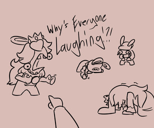 all_fours ambiguous_gender anthro arms_bent asking bodily_fluids brown_background brown_body brown_clothing brown_dress brown_fur brown_overalls brown_shirt brown_teeth brown_topwear buckteeth clothed clothed_anthro clothed_female clothing crown crying_laughing dress ear_piercing eyeless featureless_legs female fist fully_clothed fully_clothed_anthro fur gesture group hair hand_gesture headgear laugh laughing_at long_ears long_hair male mitten_hands mostly_offscreen_character motion_lines noseless overalls piercing pointing pointing_at_another question_mark shirt simple_background slamming standing star_ear_piercing tears teeth text topwear yelling insertthenewblhere mario_bros mario_plus_rabbids_kingdom_battle mario_plus_rabbids_sparks_of_hope nintendo raving_rabbids rayman_(series) ubisoft rabbid_luigi rabbid_mario rabbid_peach rabbid_rosalina lagomorph mammal rabbid 2024 crossover digital_drawing_(artwork) digital_media_(artwork) english_description english_text