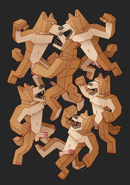 abstract_art anthro barking cheering cubism erection genitals group half-erect kissing low_poly male male/male muscular muscular_male pecs penis polygonal_body simple_background ravuer canid canine canis domestic_dog mammal shiba_inu spitz absurd_res hi_res