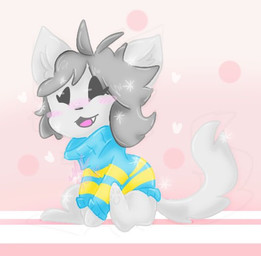 :3 black_sclera blue_clothing blue_sweater blue_topwear blush chibi clothing cute_fangs fangs feral grey_hair hair no_pupils open_mouth pattern_background pattern_clothing pattern_sweater pattern_topwear pink_background side_view simple_background sitting smile solo striped_clothing striped_sweater striped_topwear stripes sweater teeth topwear white_body undertale undertale_(series) temmie_(undertale) mammal tem digital_media_(artwork) full-length_portrait portrait