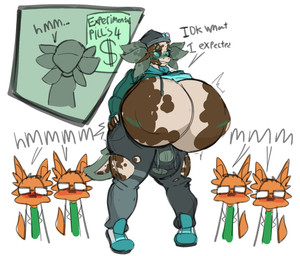 anthro big_breasts big_bulge blush breasts bulge clothing genitals group growth gynomorph huge_breasts huge_bulge hyper hyper_breasts hyper_bulge hyper_genitalia intersex intersex/male male scientific_experiment torn_clothing wardrobe_malfunction hornyaxolotl bliss_(hornyaxolotl) amphibian aquatic axolotl canid canine fox mammal mole_salamander salamander hi_res trans_(lore)