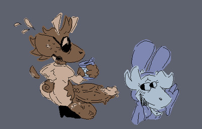 anthro balls beverage big_butt big_ears big_penis blush bodily_fluids boots bunny_costume butt clothing corruption costume cum duo female footwear genital_fluids genitals hair intersex jumpsuit leaking_cum male male/female messy_hair penis shoes sweat tongue tongue_out toony toony_expression toony_eyes torn_clothing vein veiny_balls veiny_penis zipper thadeef3 bunoo_(thadeef3) latte_(thadeef3) deer humanoid kangaroo macropod mammal marsupial digital_media_(artwork) restricted_palette