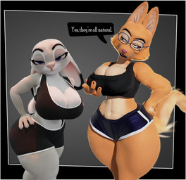 anthro big_breasts big_butt black_ear_tips breasts butt clothed clothing dipstick_ears duo ear_markings eyebrow_piercing eyewear facial_piercing female fur glasses hair half-closed_eyes happy huge_butt huge_thighs looking_at_viewer looking_pleasured markings midriff multicolored_ears narrowed_eyes navel open_mouth orange_body orange_fur overflowing_breasts piercing purple_eyes scut_tail shirt short_tail simple_background smile tail tank_top text thick_thighs topwear wide_hips anaroth disney dreamworks the_bad_guys zootopia diane_foxington judy_hopps canid canine fox lagomorph leporid mammal rabbit 3d_(artwork) digital_media_(artwork) hi_res